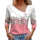 Camiseta feminina de manga comprida com decote diagonal e estampa floral colorida, novidade para primavera e outono.