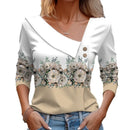 Camiseta feminina de manga comprida com decote diagonal e estampa floral colorida, novidade para primavera e outono.
