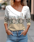 Camiseta feminina de manga comprida com decote diagonal e estampa floral colorida, novidade para primavera e outono.