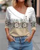 Camiseta feminina de manga comprida com decote diagonal e estampa floral colorida, novidade para primavera e outono.