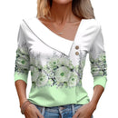 Camiseta feminina de manga comprida com decote diagonal e estampa floral colorida, novidade para primavera e outono.