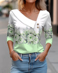 Camiseta feminina de manga comprida com decote diagonal e estampa floral colorida, novidade para primavera e outono.