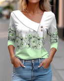Camiseta feminina de manga comprida com decote diagonal e estampa floral colorida, novidade para primavera e outono.