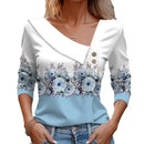 Camiseta feminina de manga comprida com decote diagonal e estampa floral colorida, novidade para primavera e outono.