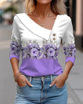 Camiseta feminina de manga comprida com decote diagonal e estampa floral colorida, novidade para primavera e outono.
