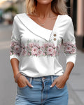 Camiseta feminina de manga comprida com decote diagonal e estampa floral colorida, novidade para primavera e outono.