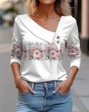 Camiseta feminina de manga comprida com decote diagonal e estampa floral colorida, novidade para primavera e outono.