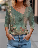 Camiseta feminina de manga comprida com decote diagonal e estampa floral colorida, novidade para primavera e outono.