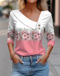 Camiseta feminina de manga comprida com decote diagonal e estampa floral colorida, novidade para primavera e outono.