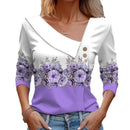 Camiseta feminina de manga comprida com decote diagonal e estampa floral colorida, novidade para primavera e outono.