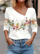 Camiseta feminina de manga comprida com decote diagonal e estampa floral colorida, novidade para primavera e outono.