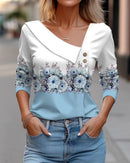 Camiseta feminina de manga comprida com decote diagonal e estampa floral colorida, novidade para primavera e outono.